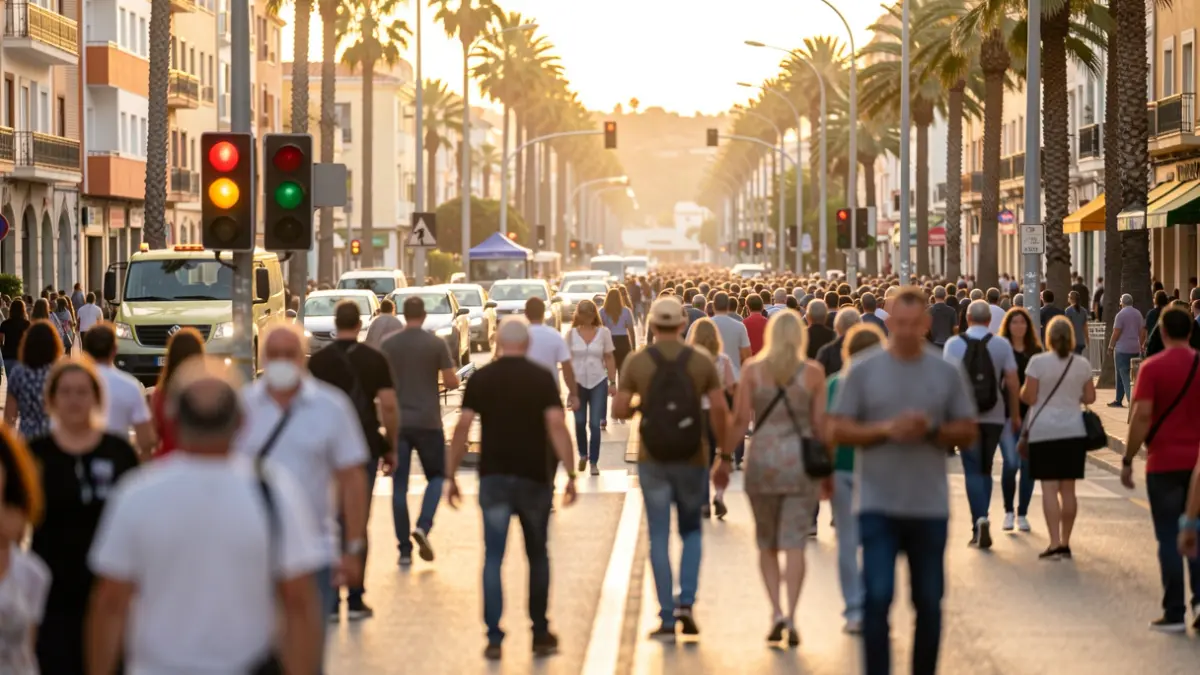 Generic image of a busy street in Las Palmas de Gran Canaria during a major event, with blurred traffic lights and people.