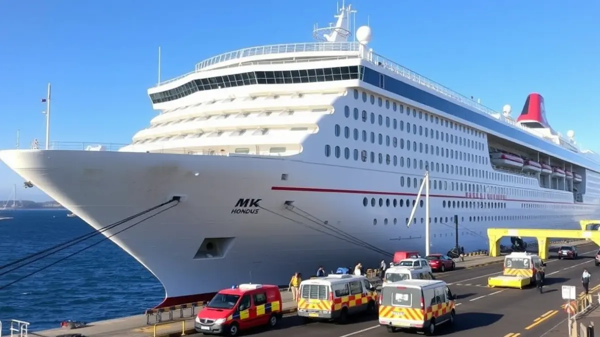 The cruise ship MV Hondius docked at the port of Tenerife during the disembarkation operation.