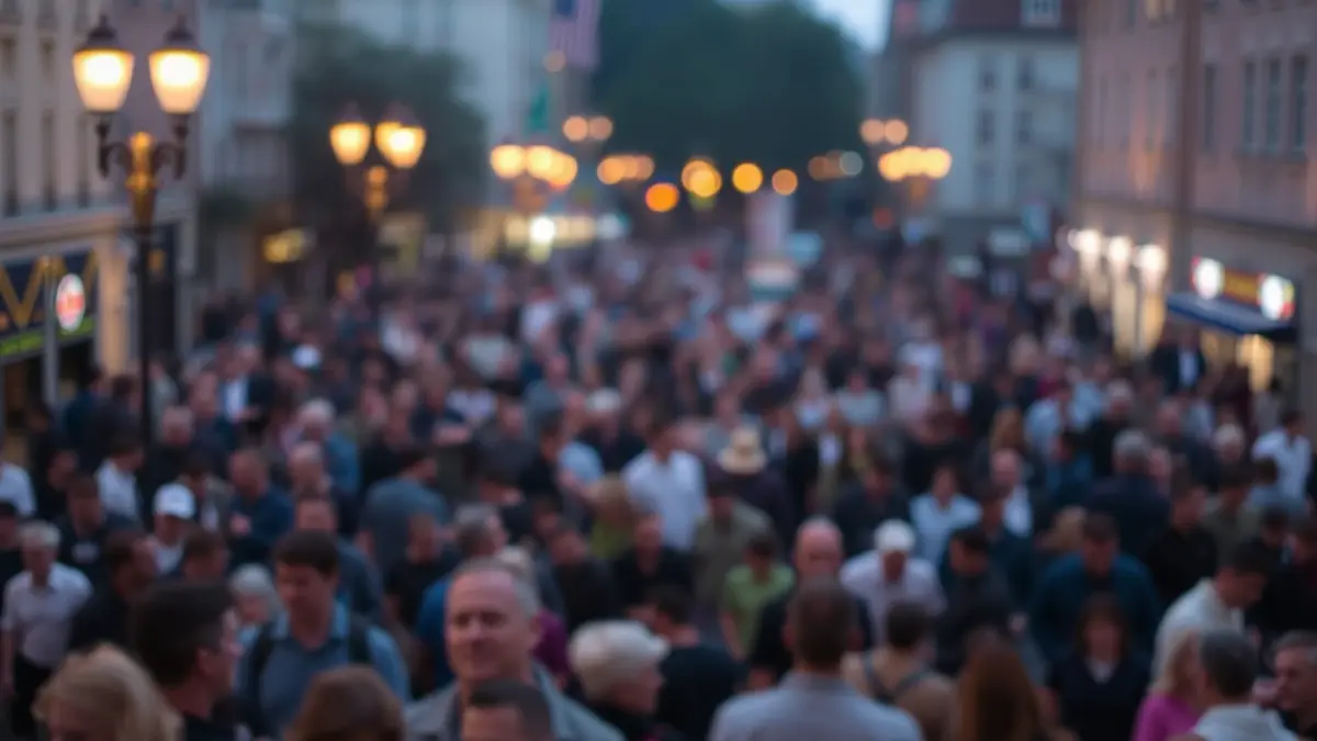 Generic image of a crowd in a city square, with warm lights and an atmosphere of anticipation.