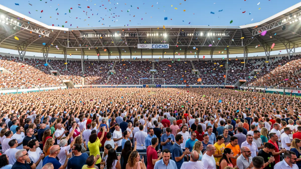 Imagen genérica de una multitud en un estadio deportivo durante un evento festivo.