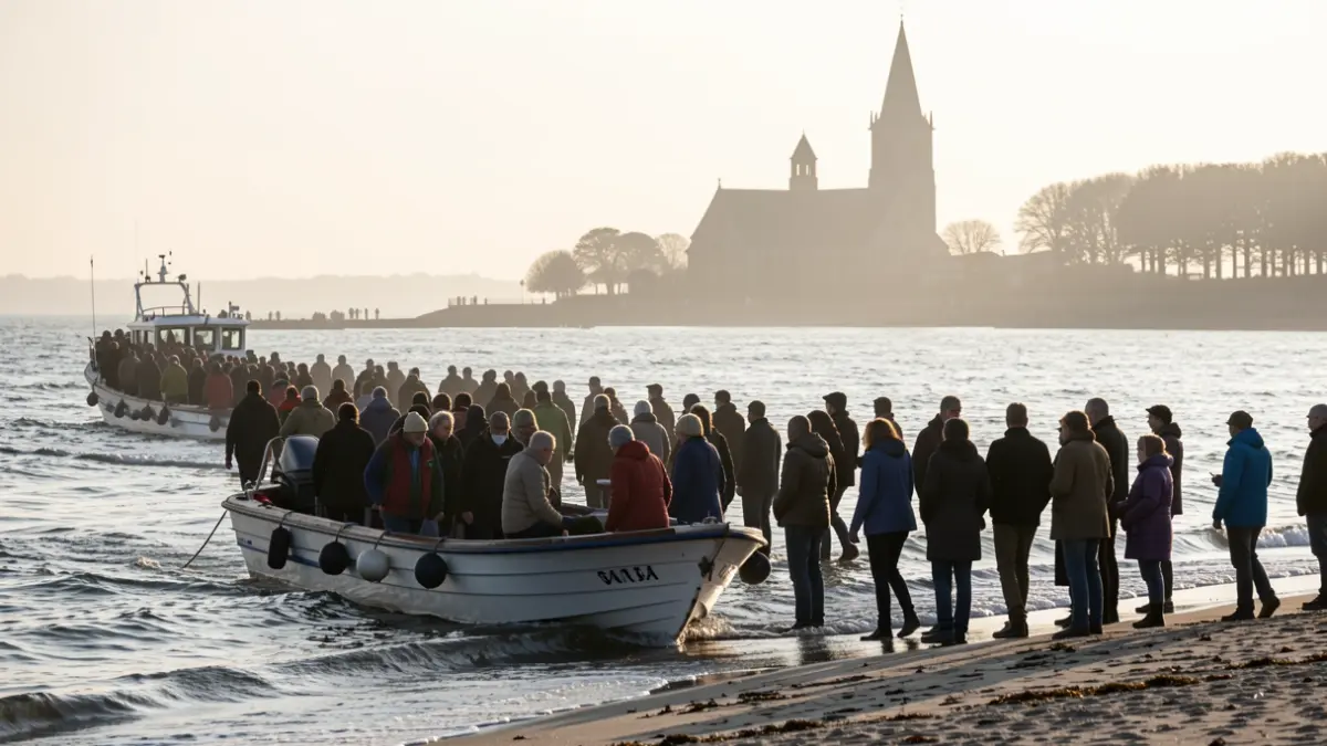 Generic image of migrants arriving by boat on a beach at dawn.