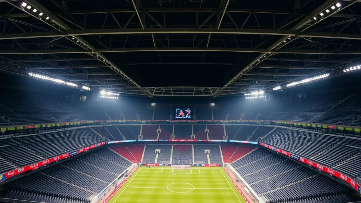 Image of the interior of a football stadium, with empty stands and an illuminated playing field.