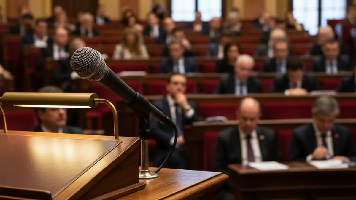 Imagen genérica de un micrófono en un podio en un parlamento, simbolizando un debate político.