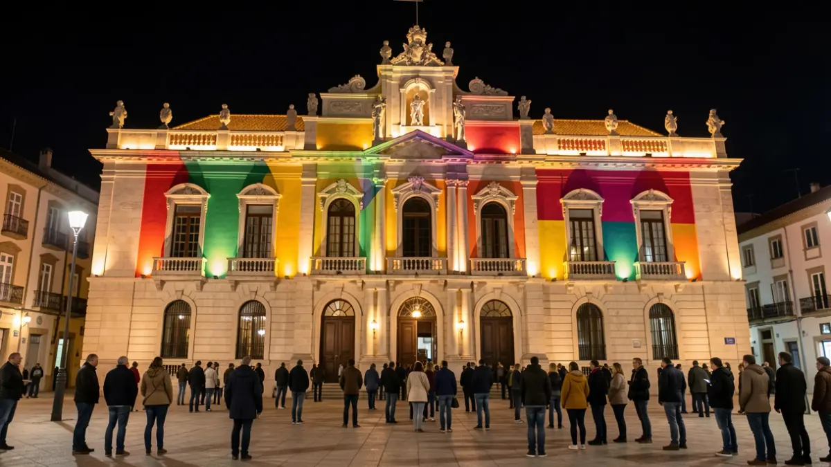Fachada del Parlamento de Canarias iluminada con los colores de la bandera canaria por la noche.
