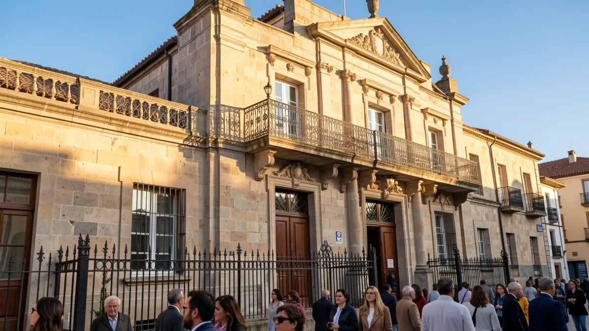 Facade of a Canarian town hall with an iron balcony, afternoon light.