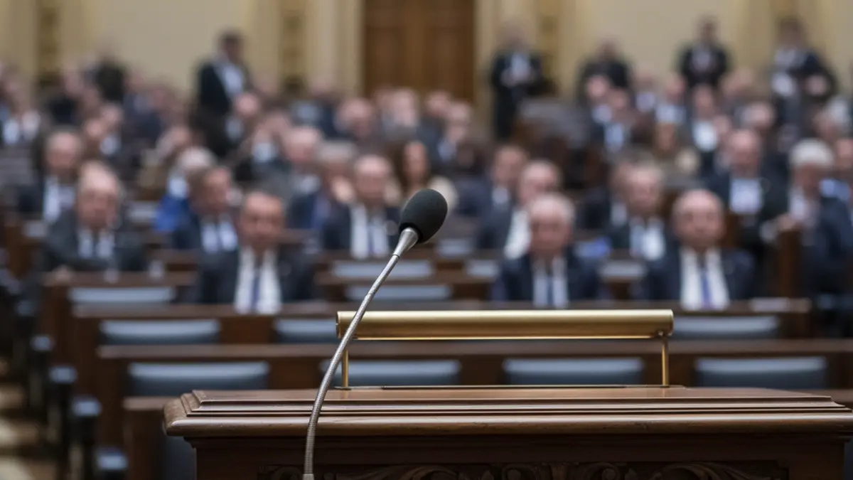 Generic image of a microphone on a parliamentary podium, symbolizing political debate.