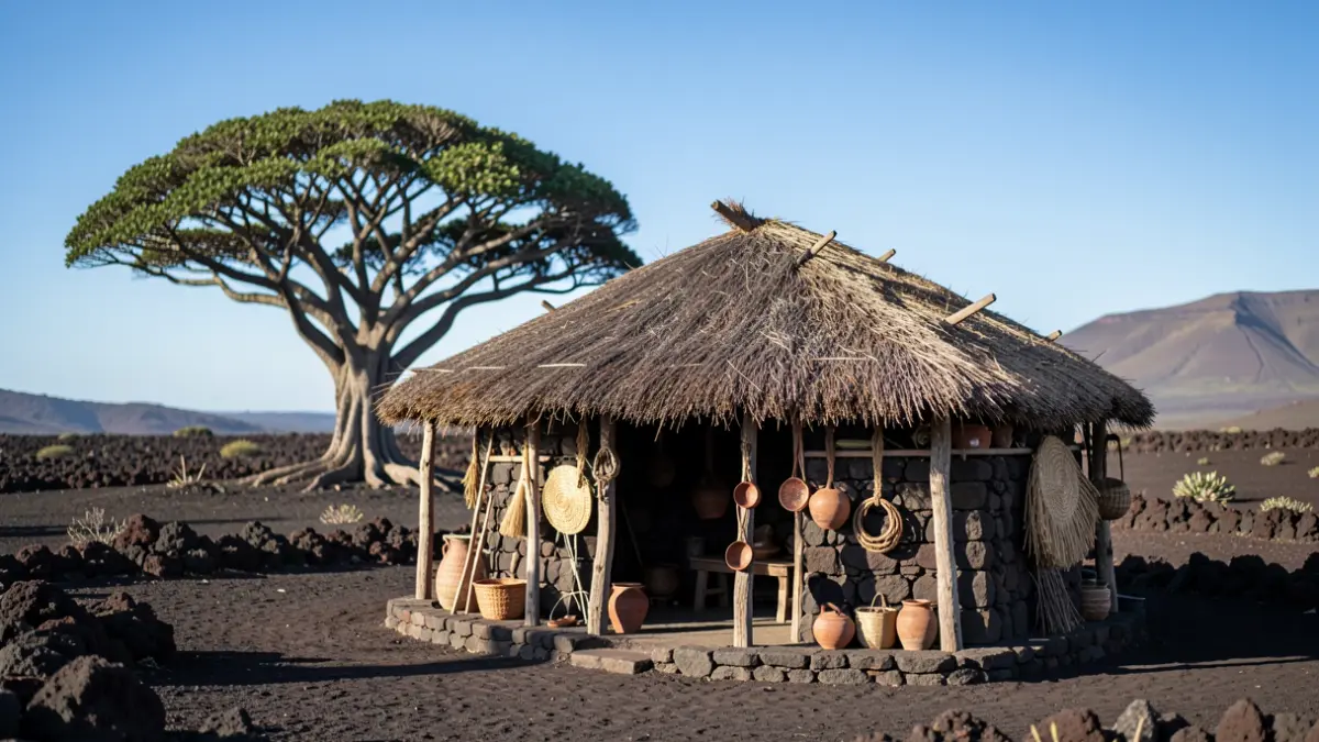 Recreación de una vivienda guanche en el Parque del Drago de Icod de los Vinos, Tenerife.