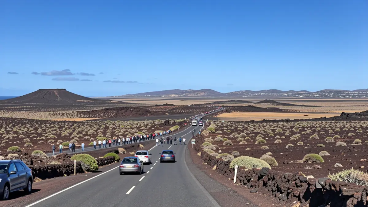 Generic image of a road in Lanzarote with volcanic landscape and vehicles.