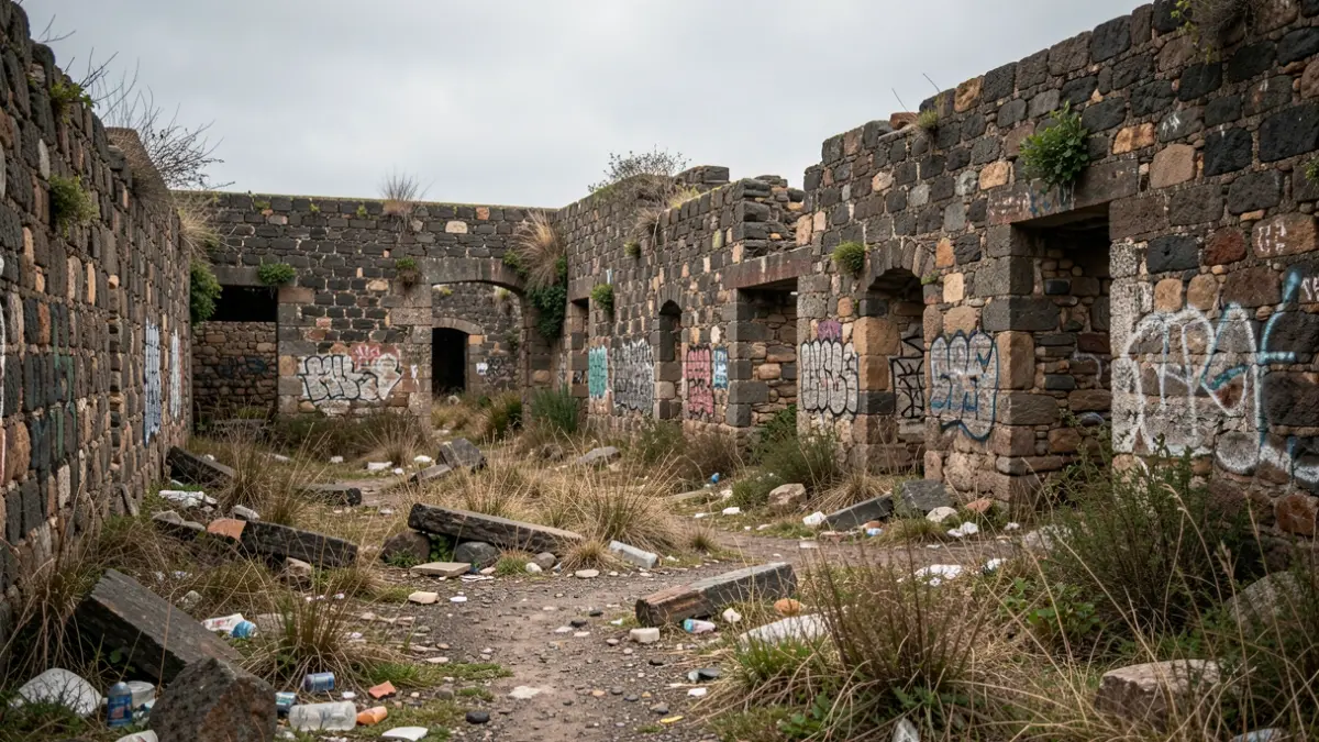 Muros de piedra deteriorados de una fortificación histórica en Las Palmas de Gran Canaria, con vegetación y grafitis.