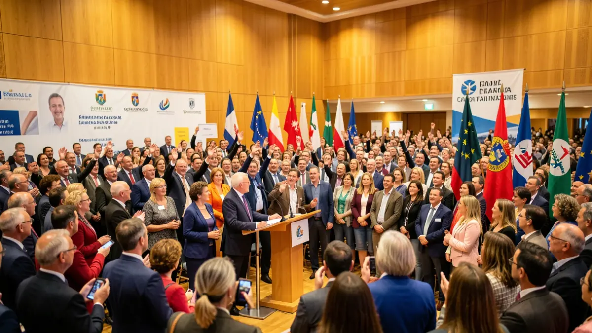 Imagen genérica de un mitin político en Canarias con un orador en un atril y público.