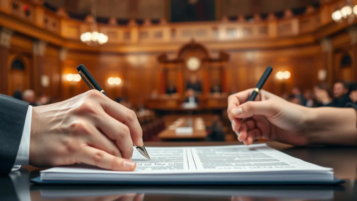Generic image of a legislative document being signed in a parliamentary setting.