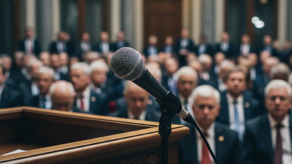 Generic image of a microphone on a podium during a press conference.