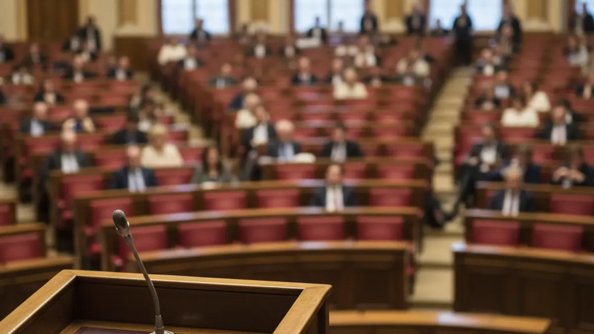 Imagen genérica de un micrófono en un podio en una sala de reuniones, simbolizando una comparecencia parlamentaria.