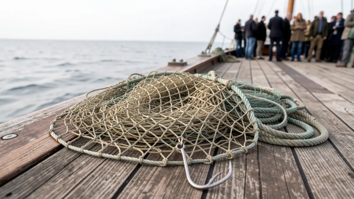Red de pesca artesanal con un anzuelo, sobre cubierta de barco de madera.