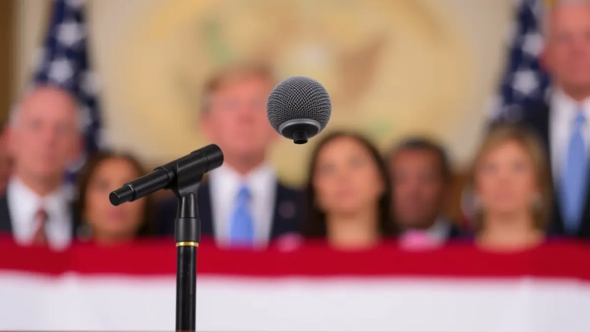 Generic image of a microphone on a podium, symbolizing a political speech or press conference.