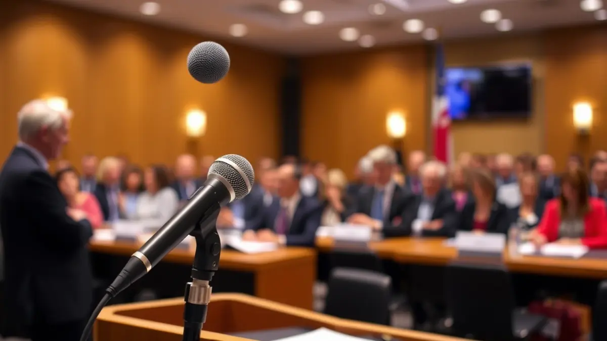 Generic image of a microphone on a podium during a political meeting.