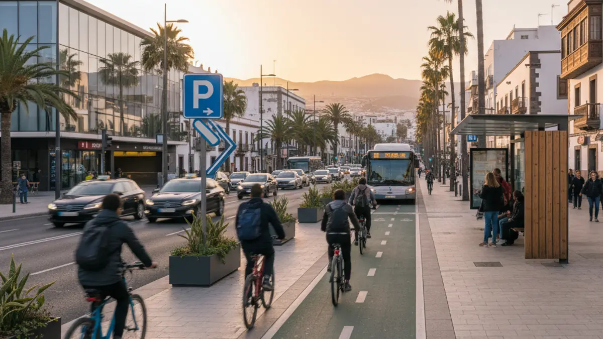 Image of an urban environment with sustainable mobility elements and a parking lot.