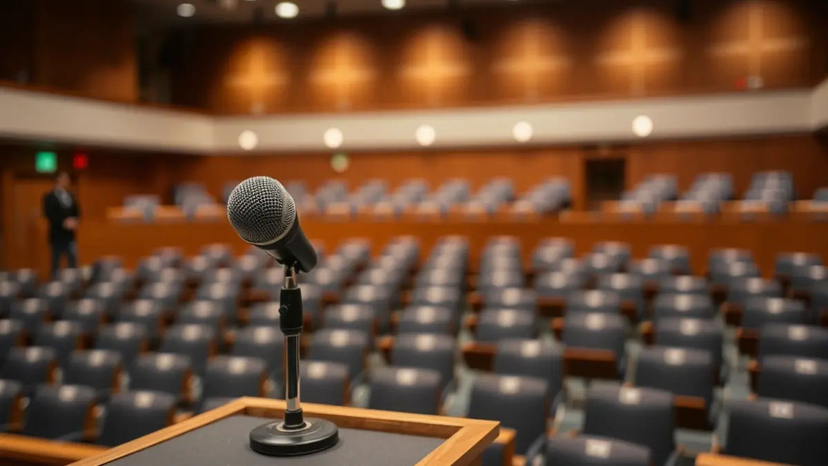 Generic image of a microphone on a podium in a meeting room, symbolizing a political debate.