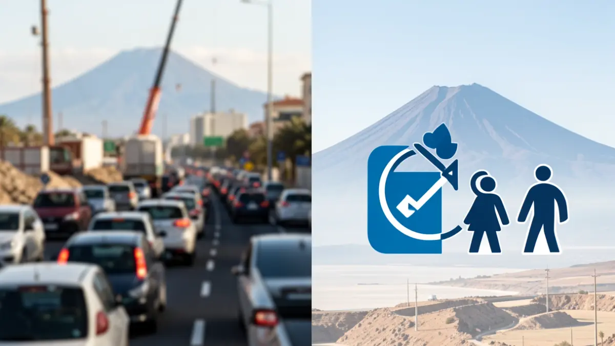 Split image: one side shows traffic chaos and construction in Tenerife, the other transparency and public services.
