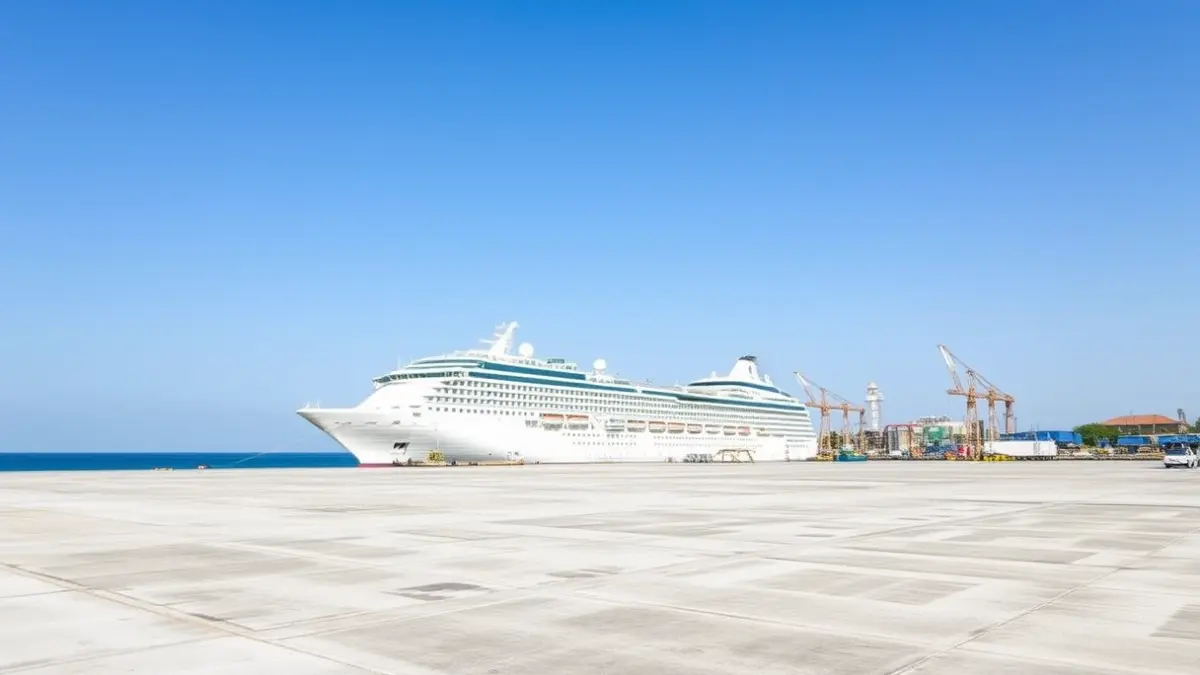 Imagen de un crucero atracado en un puerto industrial con poca actividad, preparado para una operación especial.