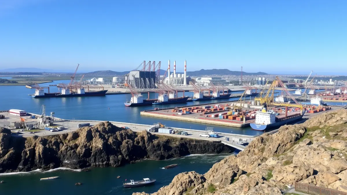 Vista aérea del puerto de Granadilla, mostrando su infraestructura industrial y su ubicación costera.