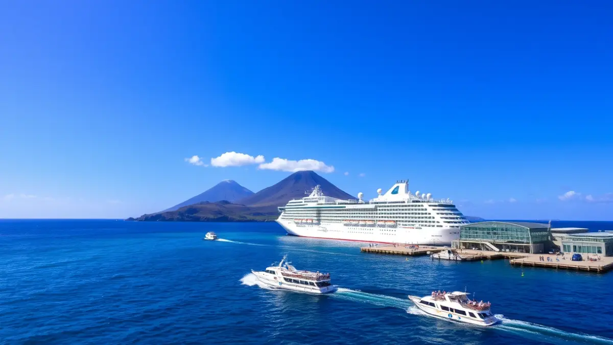 Image of a cruise ship anchored near the coast of Tenerife, with small boats transferring passengers to the port.