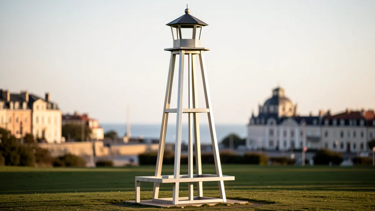 A nine-meter-high modern sculpture inspired by an old port watchtower, installed in an urban park.