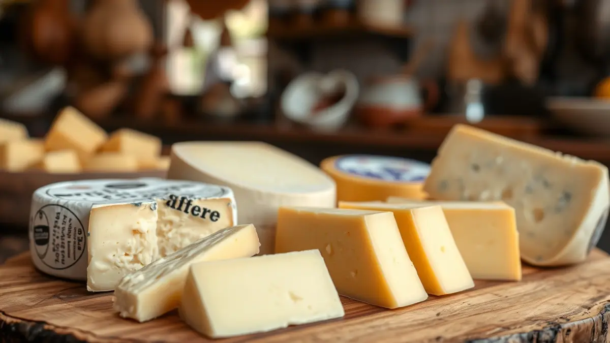Generic image of artisanal cheeses, including Flor de Guía cheese, on a wooden board.