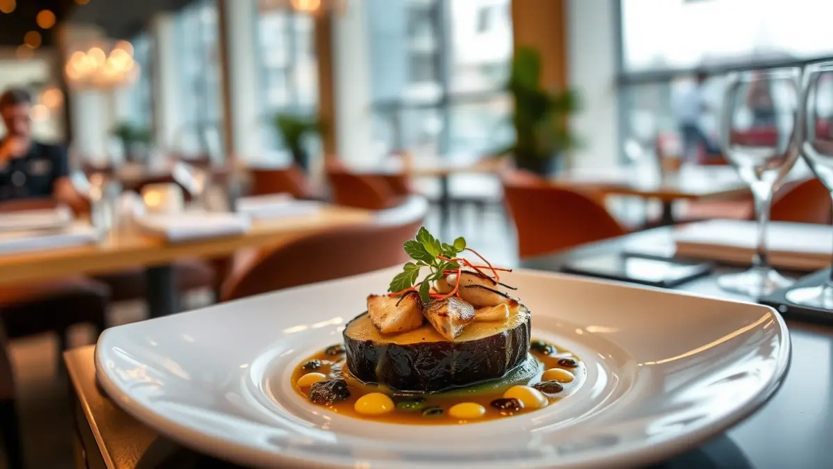 Plato de escacho de papa negra con caballa ahumada y foie gras en un restaurante.