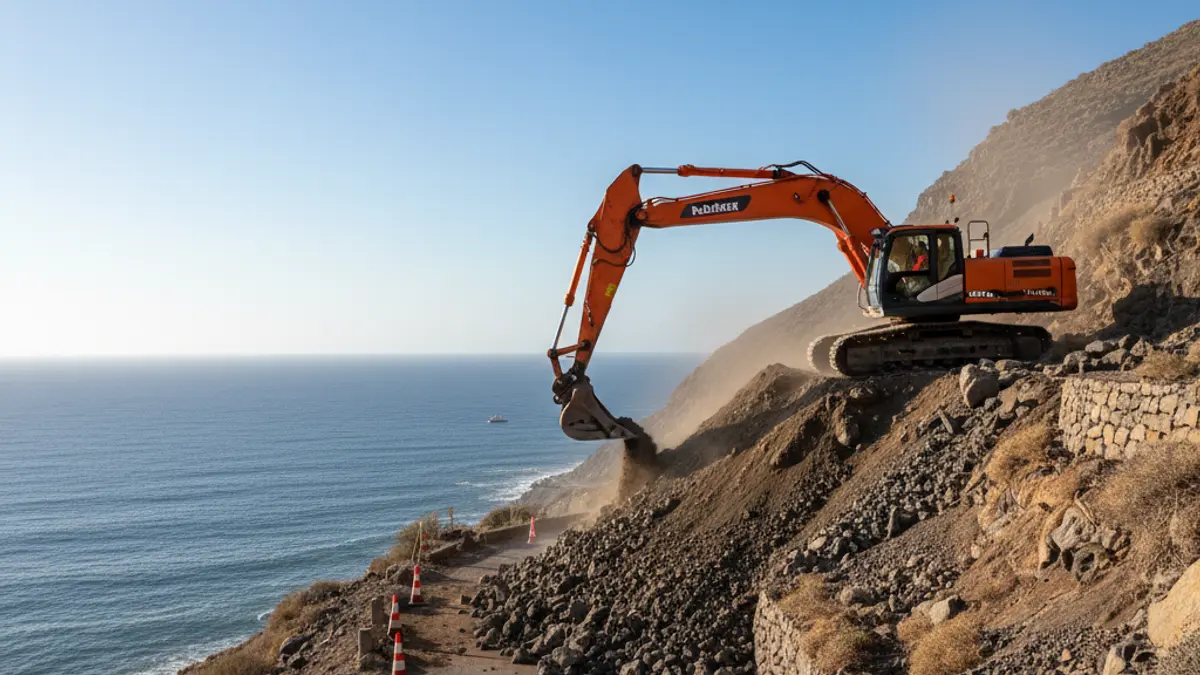 Excavator working on a slope next to a coastal road in Tenerife.
