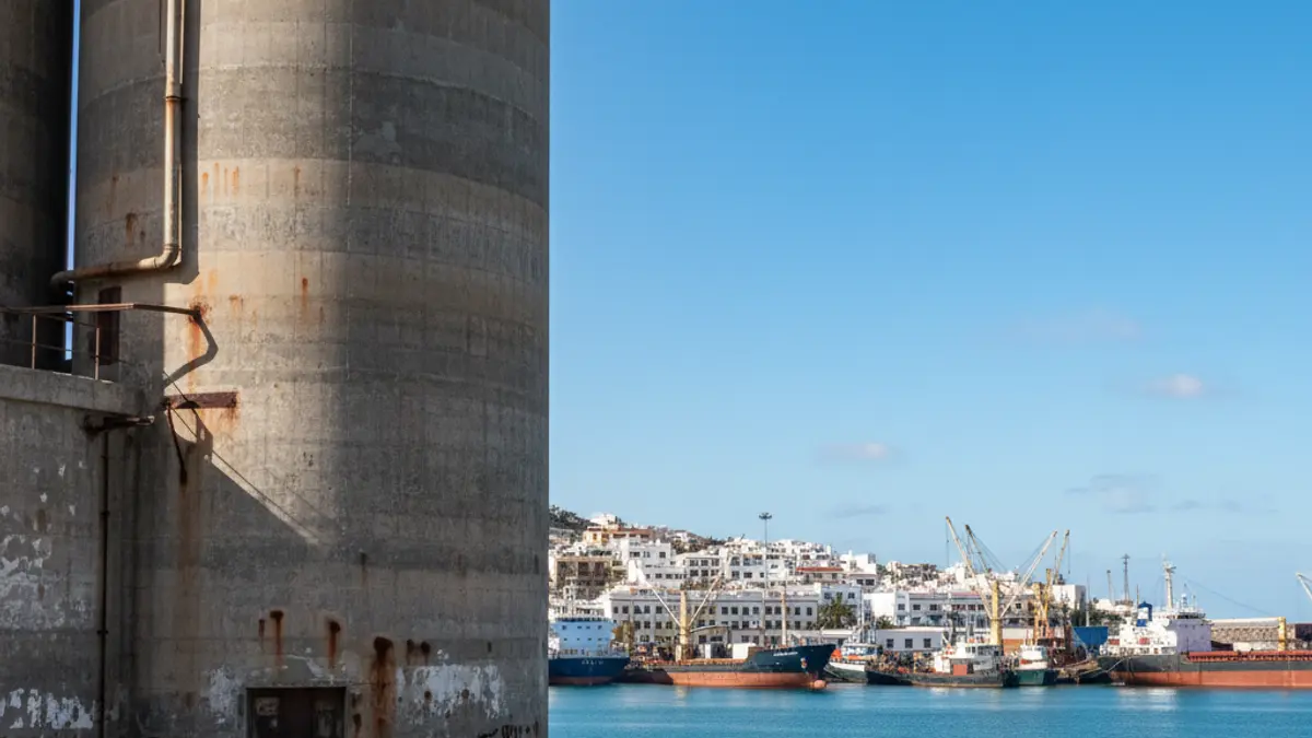 Image of the Santa Cruz de Tenerife port silo, highlighting its industrial architecture and port location.