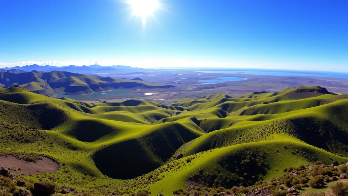 Paisaje verde y soleado de las medianías de Gran Canaria con embalses reflejando el cielo.
