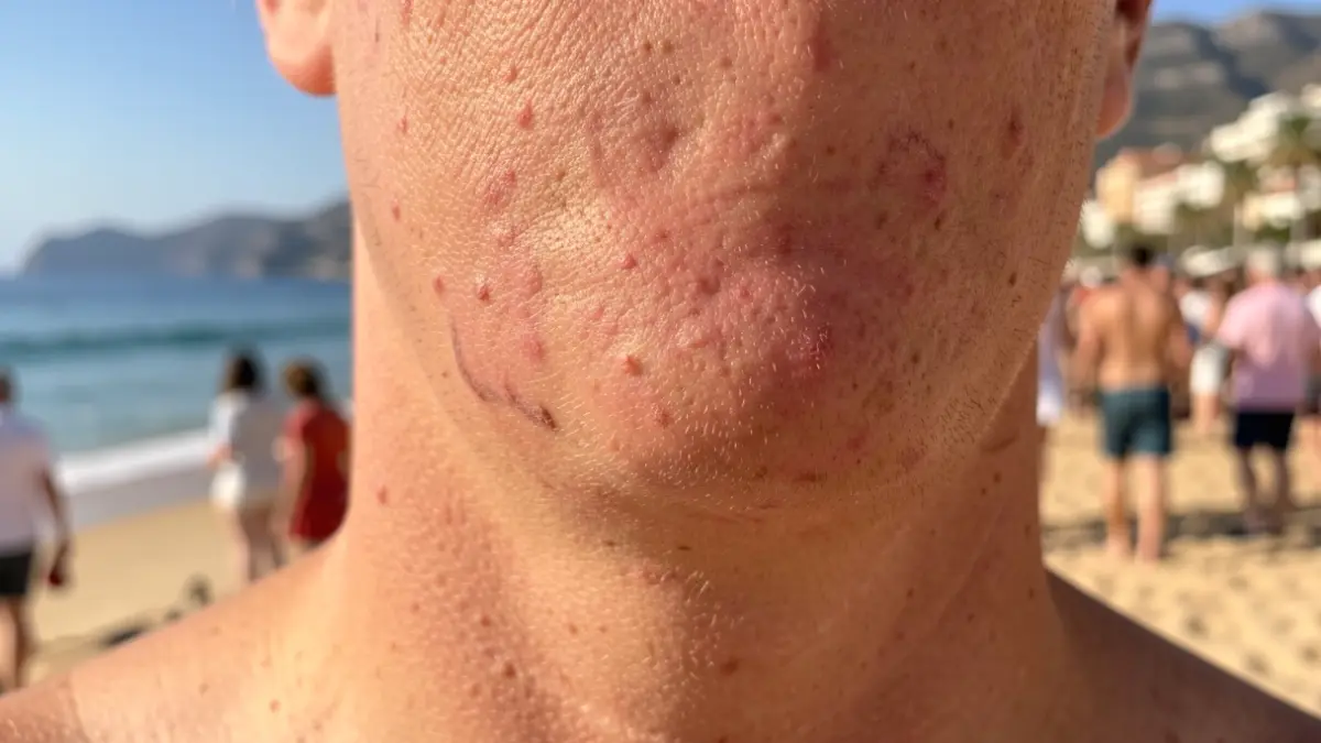 Close-up image of skin showing signs of sun damage, with a blurred background of a sunny beach in the Canary Islands.