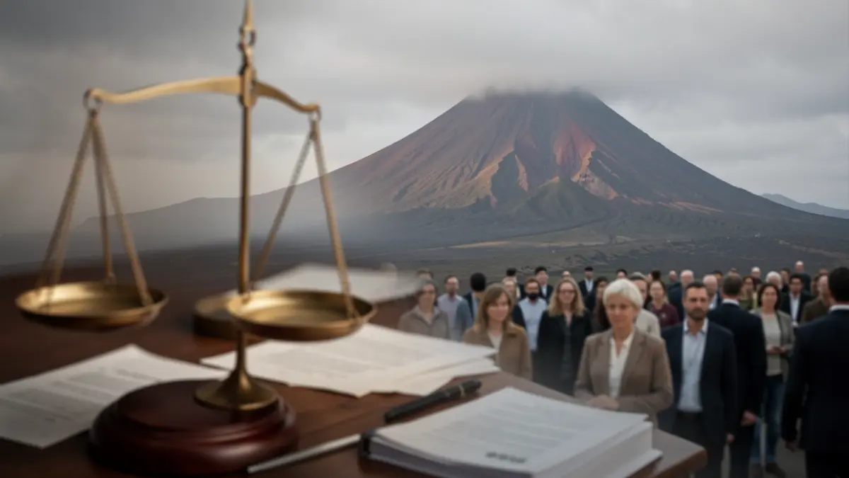 Generic image of justice elements and a volcanic landscape.