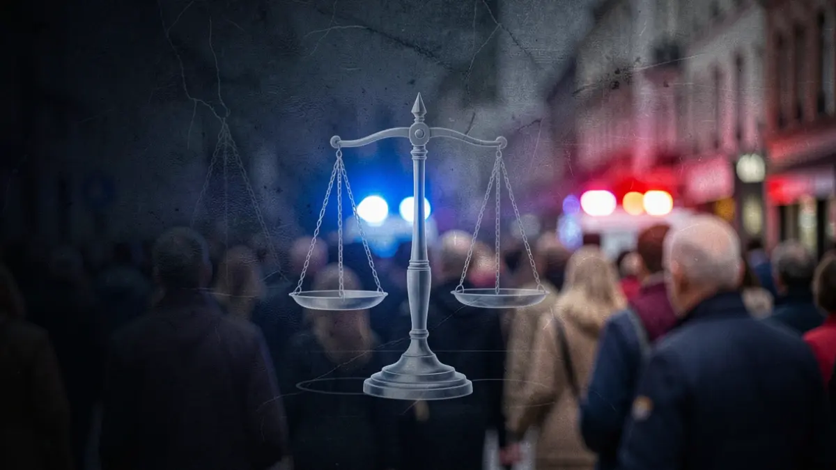Imagen genérica de justicia y ley con luces de emergencia borrosas.