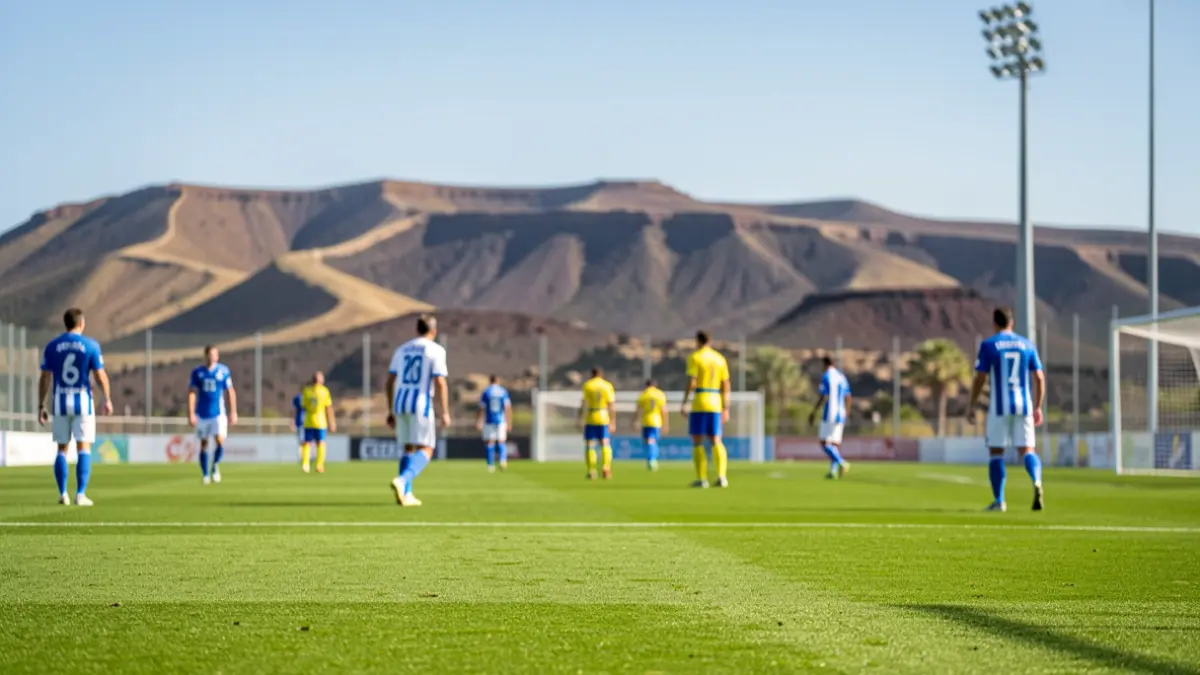 Imagen genérica de un campo de fútbol en Canarias con el paisaje volcánico de fondo.