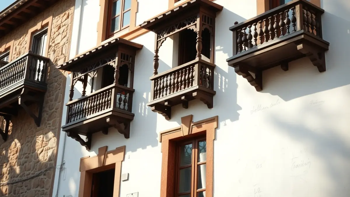 Imagen de la fachada de un edificio tradicional canario, con balcones de madera y paredes de piedra, bajo la luz del sol.