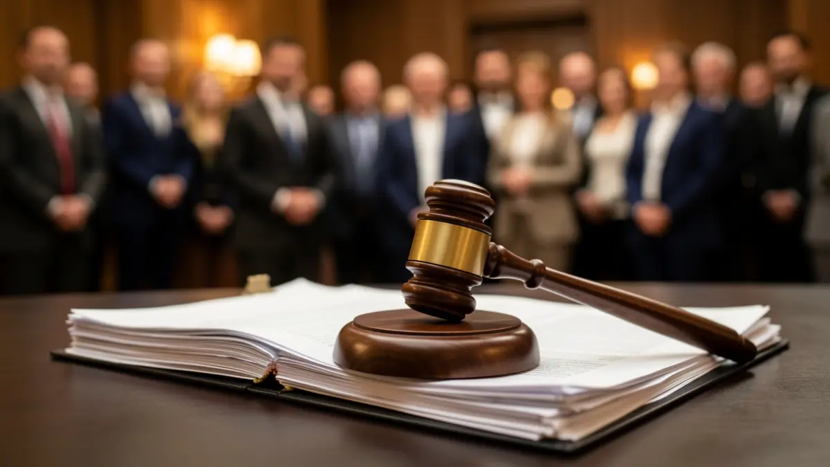 Generic image of a judge's gavel on legal documents in an office.