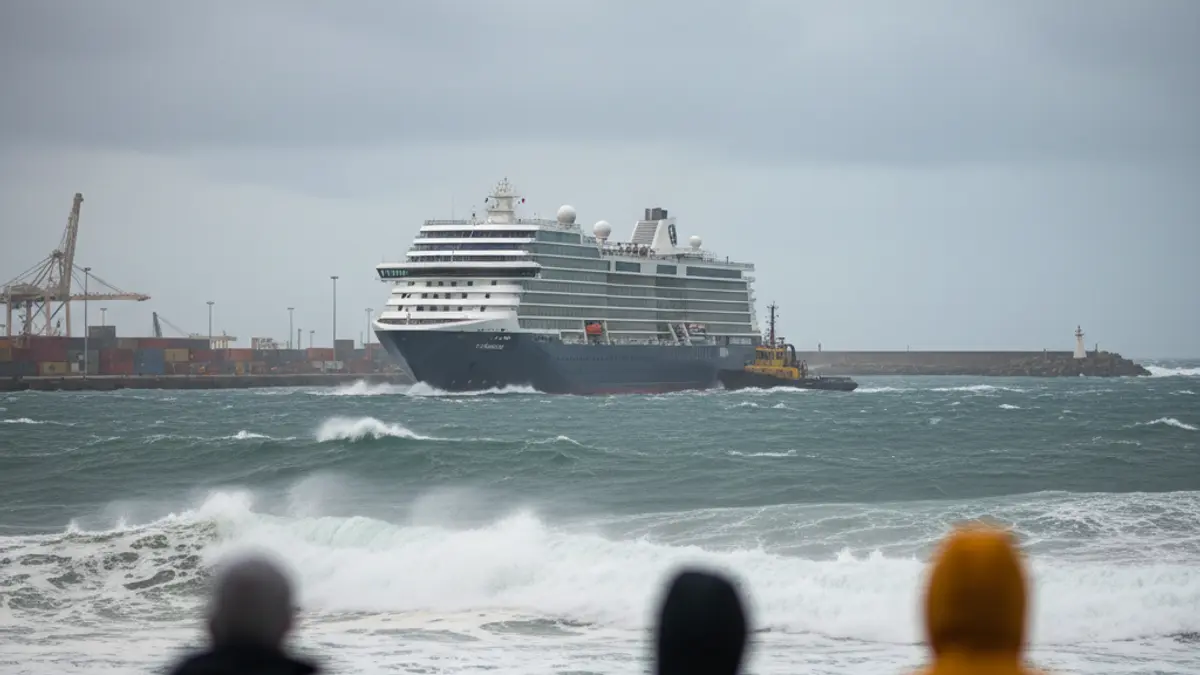 The cruise ship MV Hondius in the port of Granadilla de Abona, with strong winds complicating maneuvers.