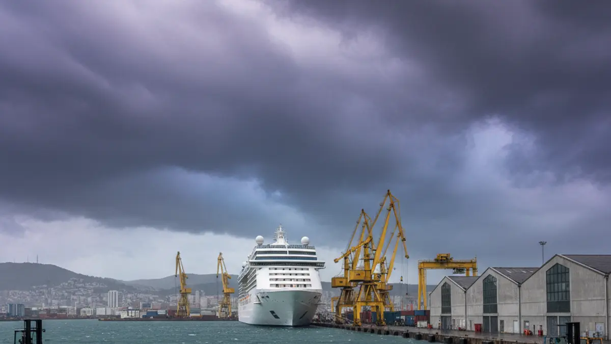 Image of a cruise ship docked in a port under windy conditions.