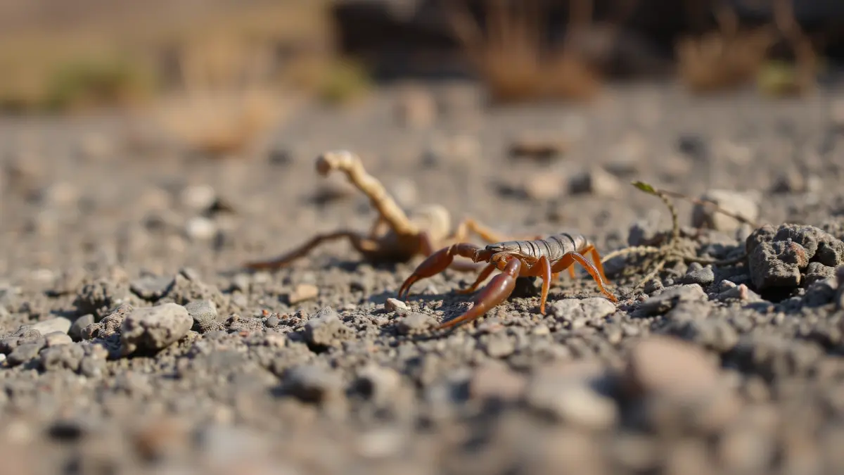 Image of a scorpion in a rocky environment, with the volcanic landscape of the Canary Islands in the background.
