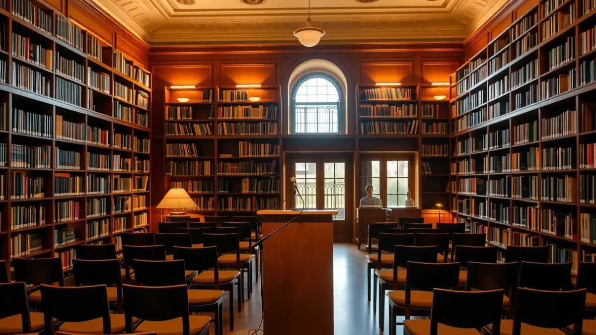 Generic image of a cultural space or library with a microphone on a podium.