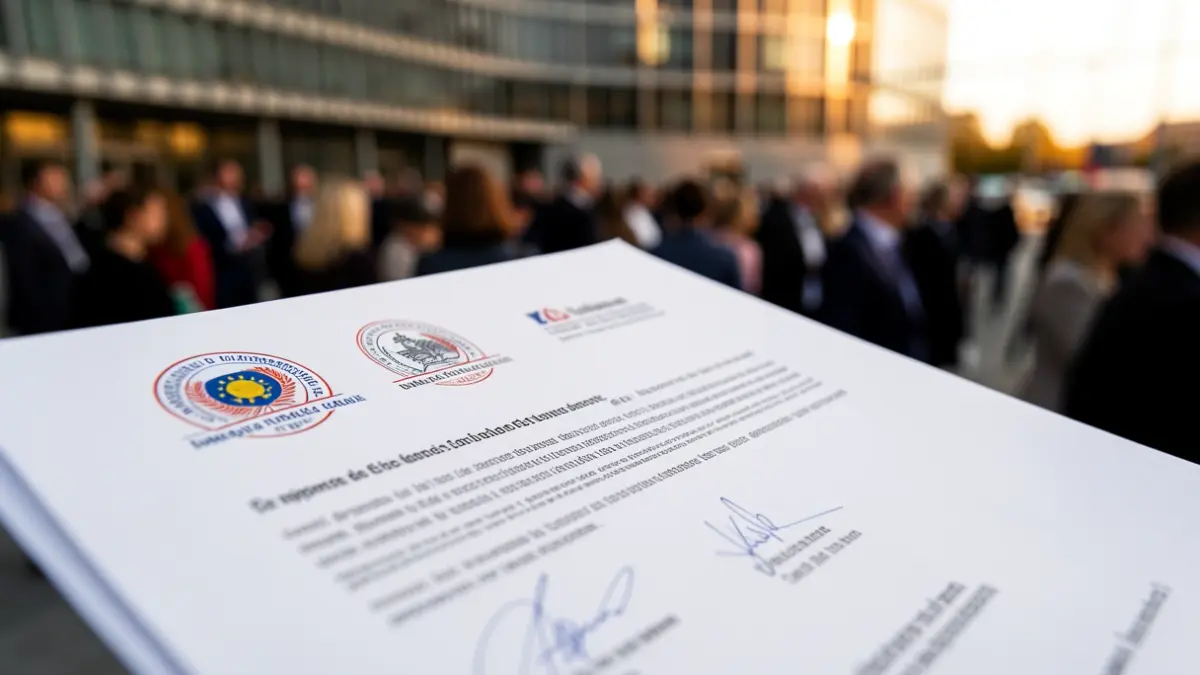 Imagen genérica de un documento oficial con sellos y firmas, con el Parlamento Europeo desenfocado al fondo.