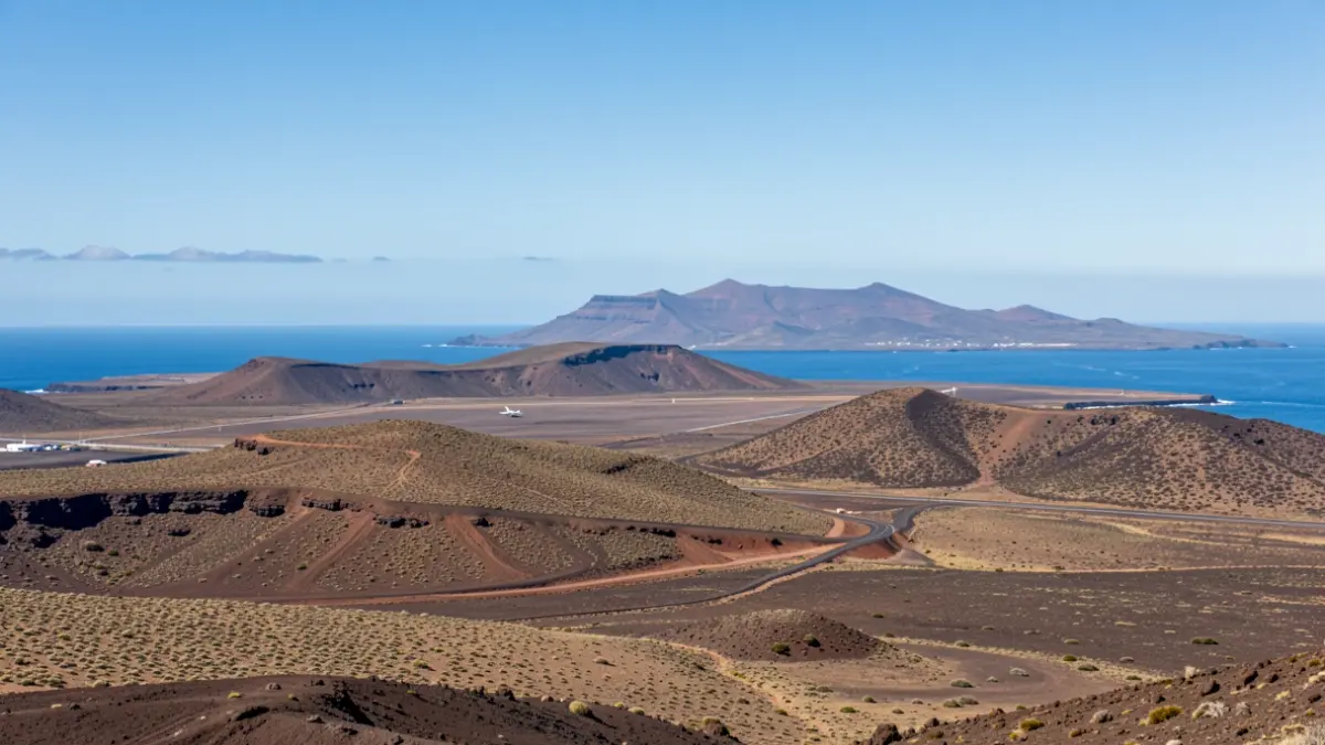 Generic image of the Canary Islands' volcanic landscape with elements of transport infrastructure.