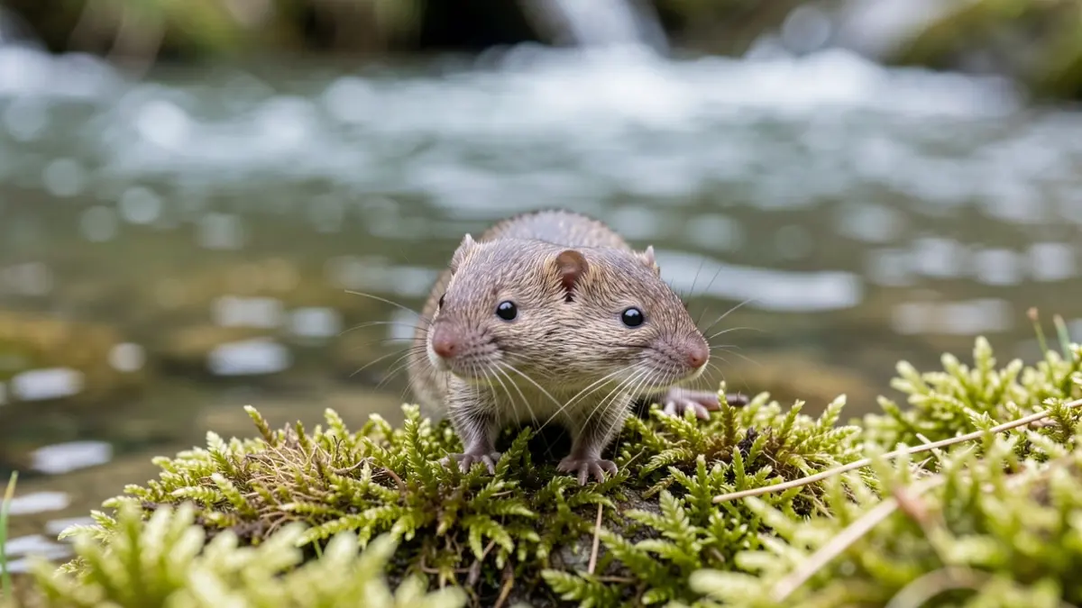 Primer plano de un pequeño desmán ibérico en la orilla de un río.