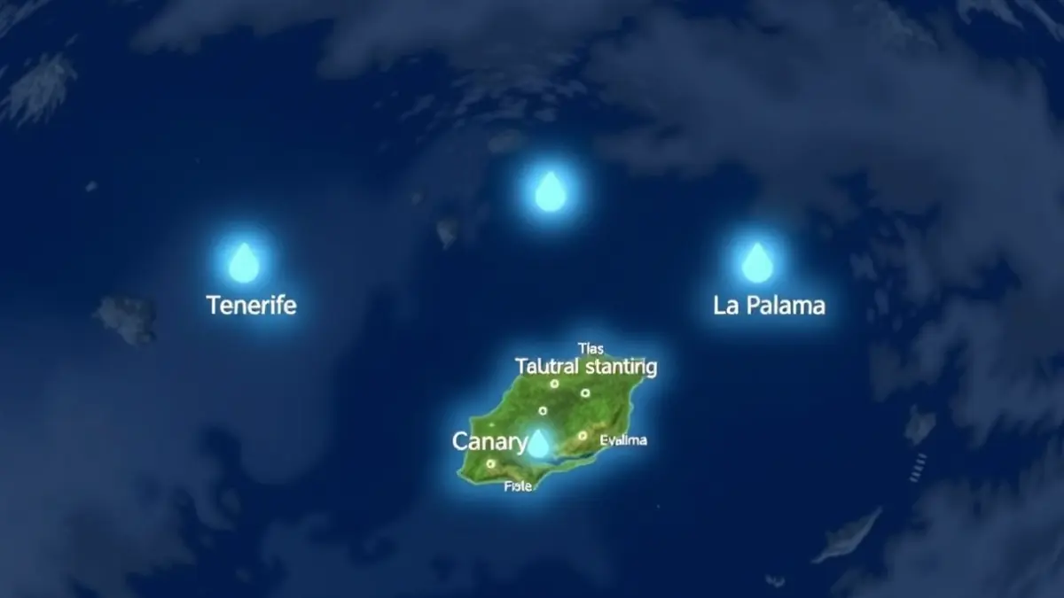 Imagen genérica de un mapa meteorológico con símbolos de lluvia sobre las Islas Canarias.