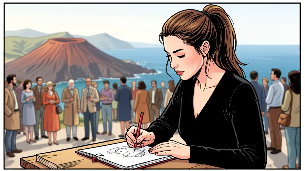 Canarian cartoonist drawing a figure with a ponytail in red and black tones.