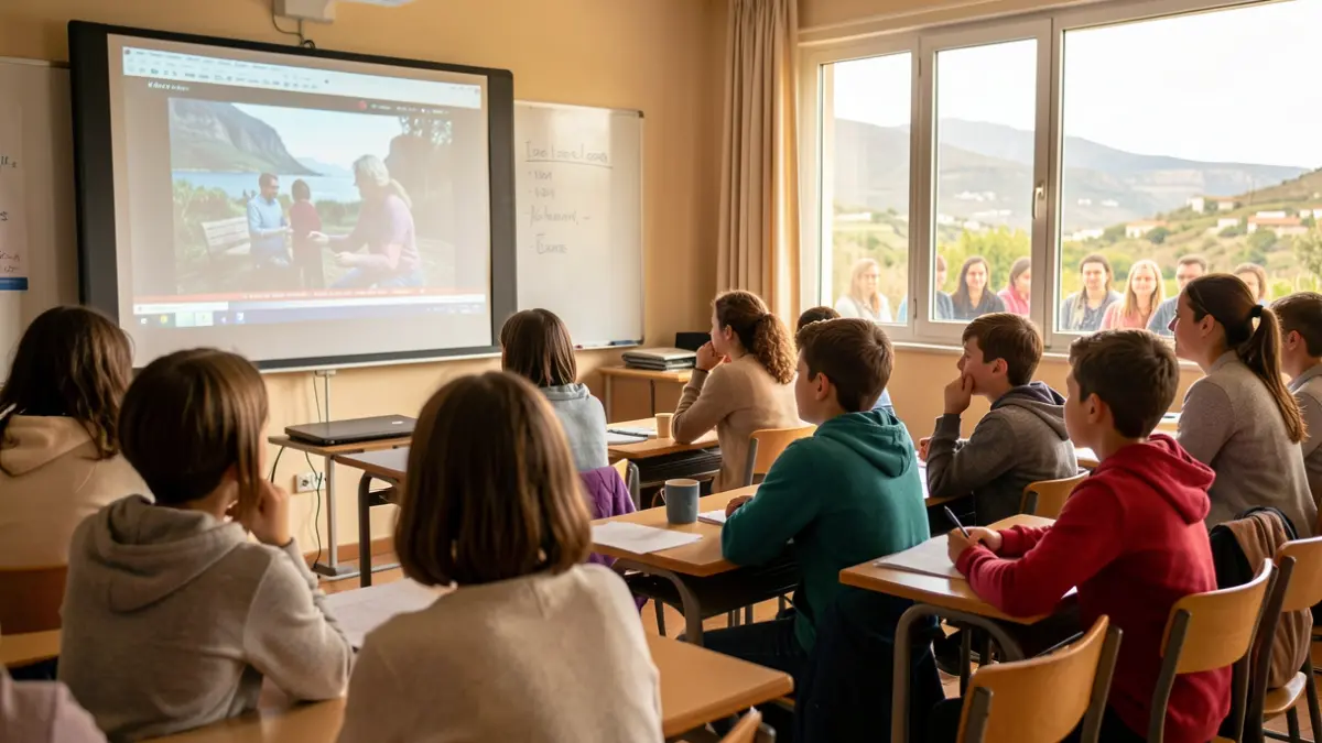 Imagen genérica de niños en un aula viendo un cortometraje sobre el acoso escolar.