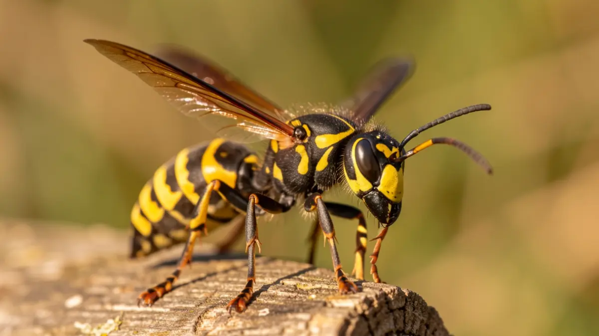 Primer plano de una avispa asiática, Vespa velutina, con detalles de su fisonomía sobre un fondo natural desenfocado.