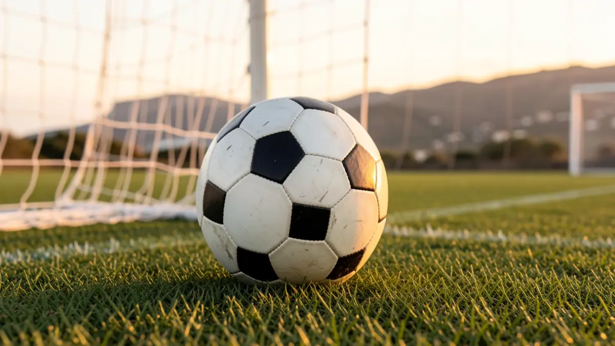 Generic image of a soccer ball on grass with the goal net out of focus.